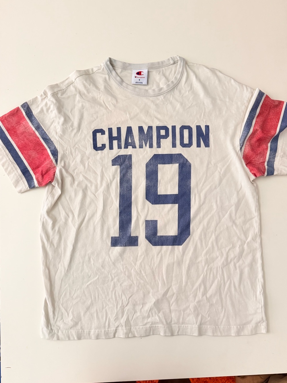 Champion Oversized Tee with Blue 'Champion 19' Graphic and Red & Blue Sleeve
